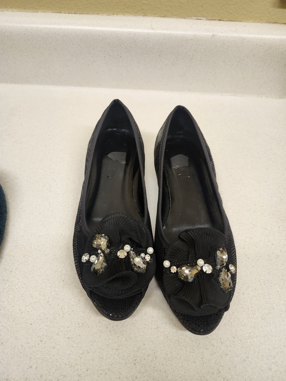 Black Embellished Peep-Toe Flats - Women's Fashion Shoes